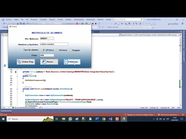 MATRICULA ALUMNOS EN C# Y SQL SEVER.