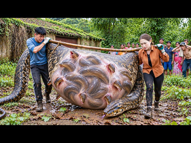 [TIMELAPSE] -- Harvesting Giant Python in Dense Swamp | Discover Inside Giant Python’s Swollen Belly