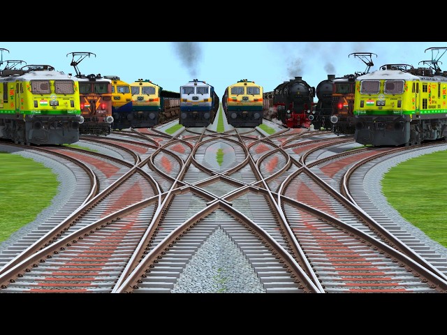 🥎All Realistic Trains Run At Bumpy Higher Graphics Railroad Crossing Tracks | train wala video game