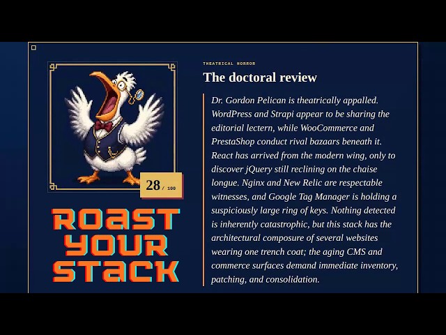 Dr. Pelican Roasts Your Tech Stack — Roast My Stack (GPT‑5.6 + Apify)