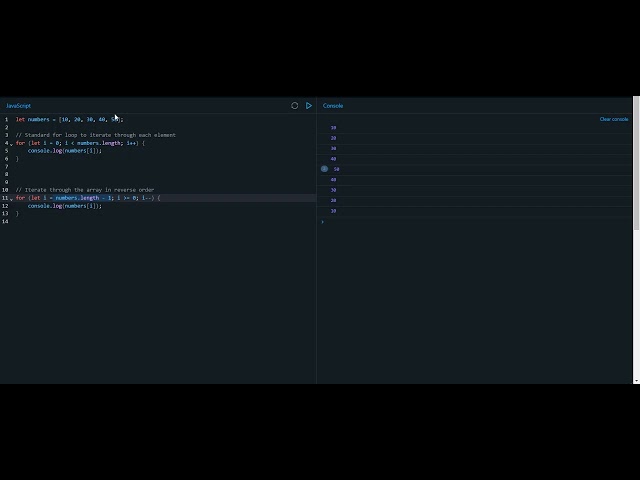 Reverse array in JavaScript using for loop