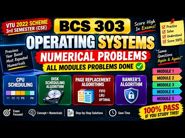 🔥 BCS303 OS Numerical Problems | CPU, Banker’s, Page & Disk Scheduling | VTU 2022 Scheme
