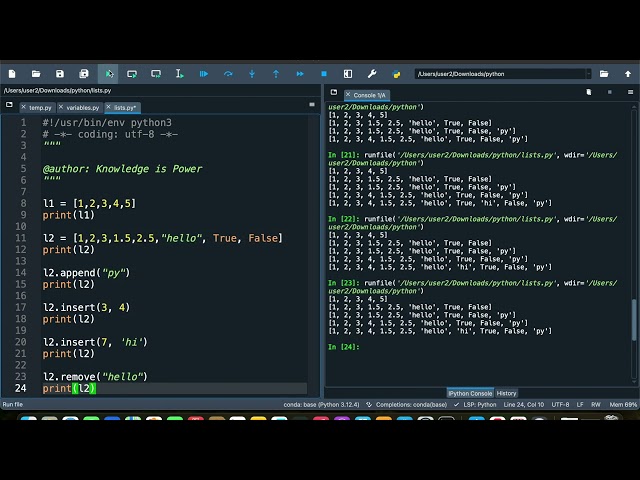 Python: Lists 3 - append, insert, remove, pop elements from a list