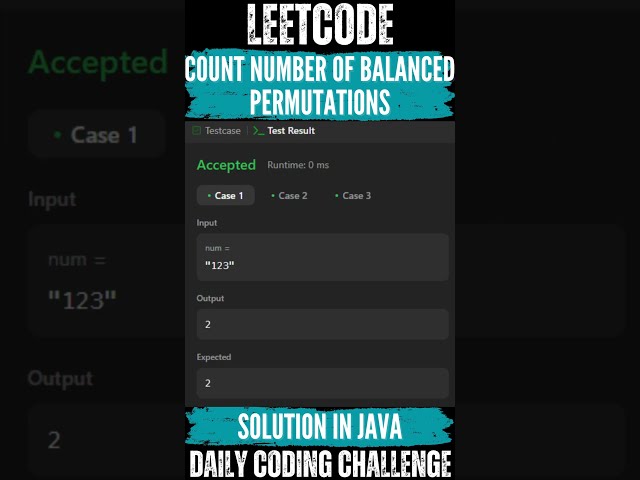 #LeetCode : 3343. Count Number of Balanced Permutations💛🖤 Solution link👇🏻🔗 #shorts #java #subscribe