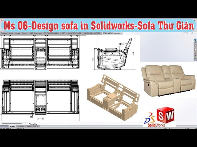 Sofa design in SolidWorks #6 - How to design a reclining sofa, console sofa design, learn to draw...