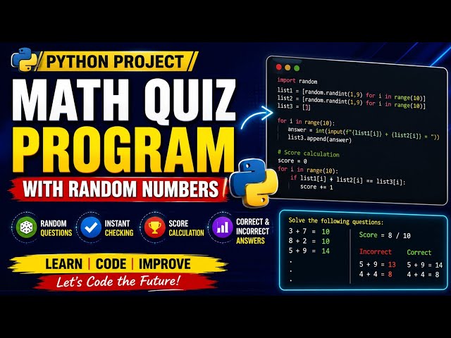 Python Math Quiz Program with Random Numbers | Beginner Tutorial | Python Coding with Ameen