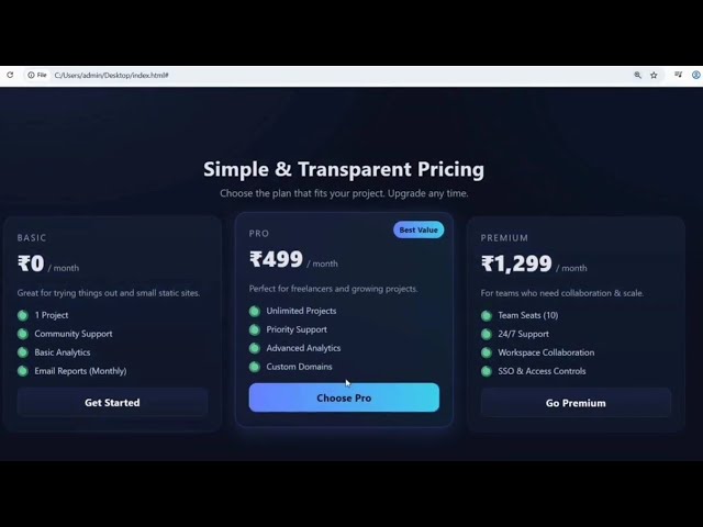 Responsive Pricing Table with Hover Card Effects | HTML & CSS Mini Project #html #css #webdesign
