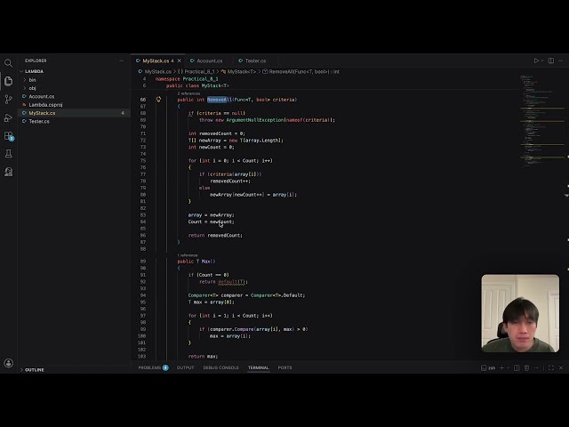 Generic Stack Implementation with Lambda Expressions