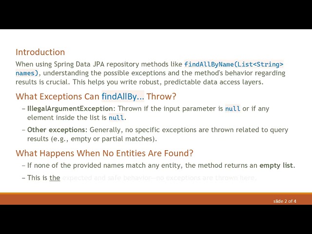 Understanding Exceptions and Return Values in JPA findAllBy Methods