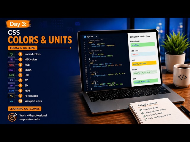 CSS Colors & Units Tutorial for Beginners | HEX, RGB, REM, EM, PX, VH & VW | Day 3