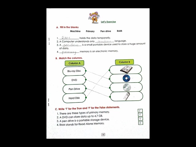 Amazing Computer Grade IV UNIT:5 Computer Memory Exercise Page:44.