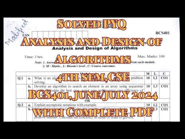 Analysis and Design of Algorithms, solved PYQ, BCS401, june/july.24, 22 scheme, CSE Stream with pdf