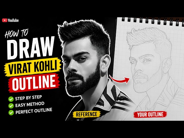 Virat Kohli Outline Drawing Timelapse ✏️ | Grid Method Portrait Sketch - Realtime