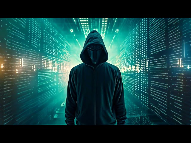 Hooded hacker in front of binary code background. Hacking concept, Anonymous hacker, surrounded by a