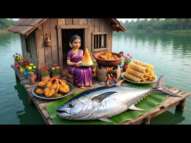 Miniature Doll BIG TUNA FISH Cooking ASMR | Floating House Indian Village Tiny Kitchen Story