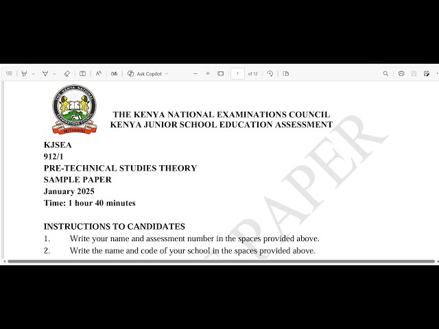 PRETECHNICAL STUDIES GRADE 9 | KJSEA 2025 SAMPLE PAPER