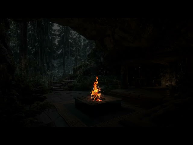 Peaceful Stormy Forest Nightscape for Deep Healing Sleep | Gentle Fireplace Outdoor Ambience