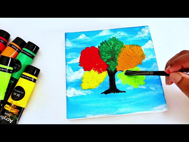 Easy Four Seasons Tree Acrylic Painting 🌳 | Colorful Canvas Painting Tutorial for Beginners