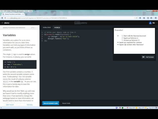 Codecademy: jQuery - Introduction to Functions Walkthrough