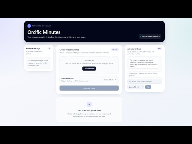Orcific Minutes AI | Generate Meeting Notes from Text Transcript (Spring Boot + React + Ollama)