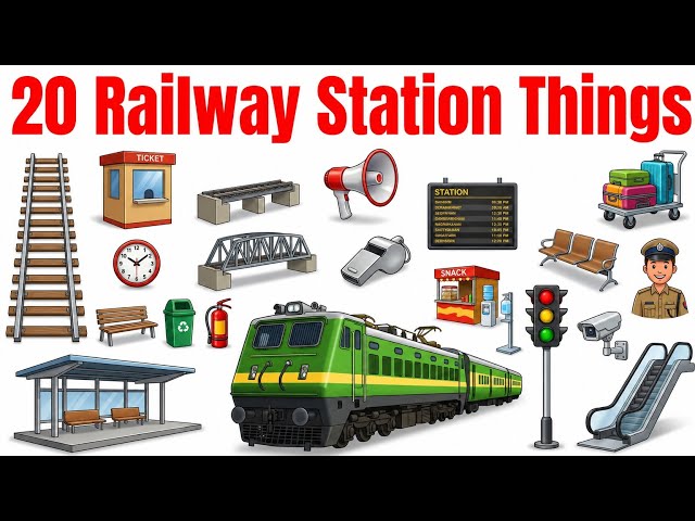 🚆 20 Railway Station Things for Kids | Learn Railway Station Objects in English | Mjo Kids TV