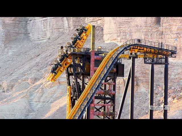 World's TALLEST 208FT VERTICAL Tilt Coaster! Iron Rattler Front & Back Row POV - Six Flags