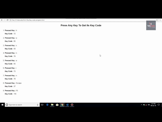 Get Inputted key Code using JavaScript | Simple Key Code Program | tebcode