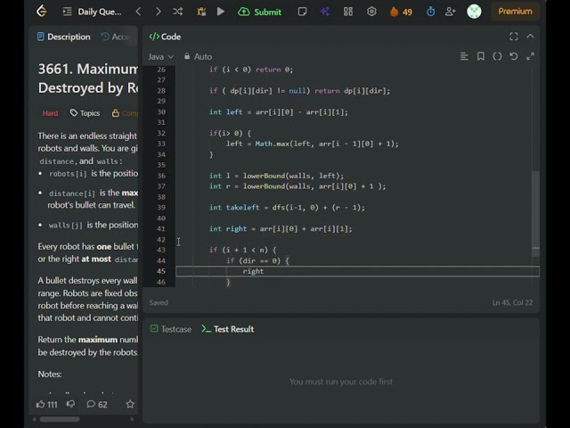 3661. Maximum walls destroyed by Robots | leetcode with Java #leetcode #eslihai #coding 