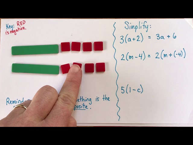 Simplify expressions with the distributive property, with algebra tiles and written algebra
