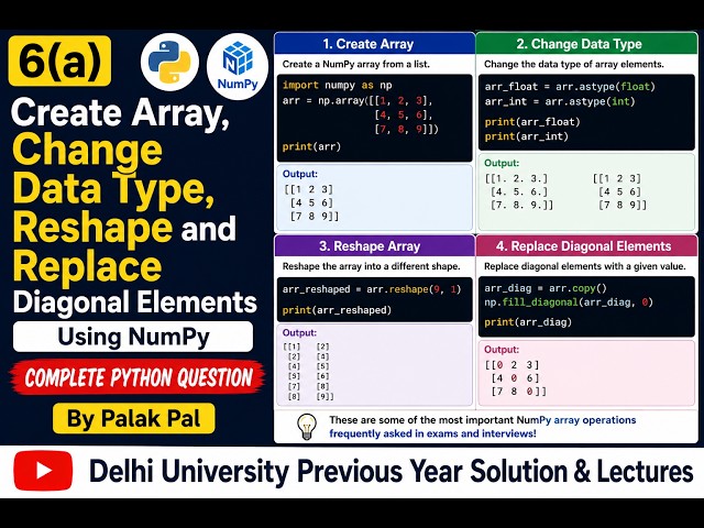 6(a) Create Array, Change Data Type, Reshape and Replace Diagonal Elements | By Palak Pal