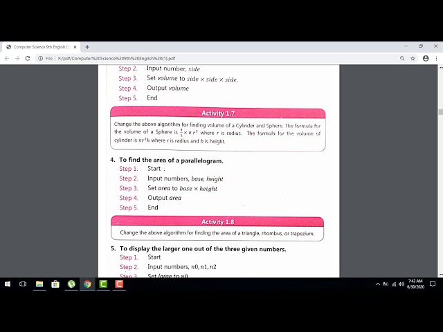 Computer Science | Class 9th | Chap#1 | example of algorithm 1-5