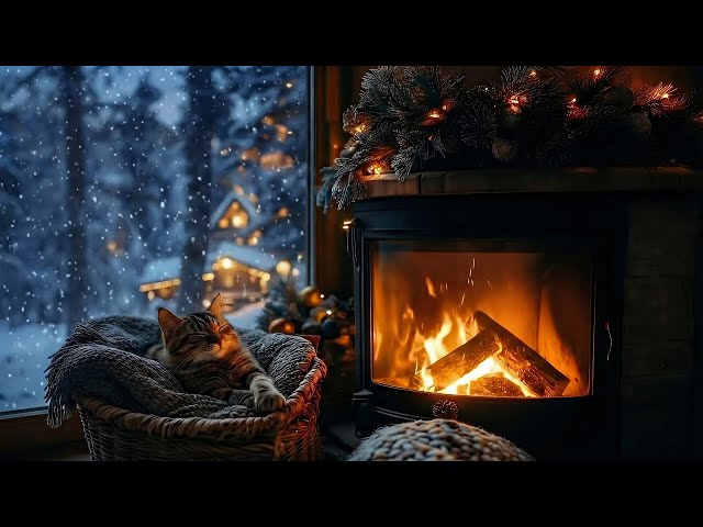 ASMR sound Cozy Fireplace with Purring Cat ❄️ Snow Falling | Sleep, Relax, Study