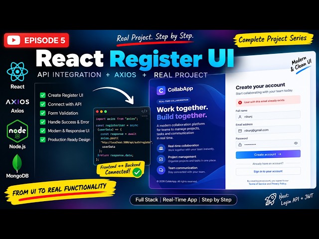 (Ep. 5) React Register UI + API Integration with Axios | Real-Time Collaboration App 🚀