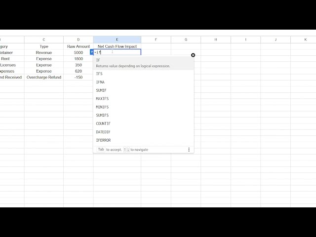 إيجاد صافي التدفقات النقدية في Google Sheets | دالة UMINUS مع IF و OR 📊