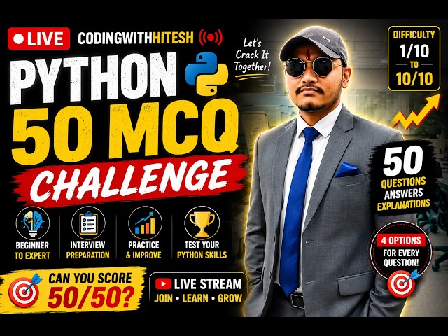 🐍 PYTHON 50 MCQ LIVE 🔴 | Python Interview Questions & Answers | Beginner to Expert|CodingWithHitesh