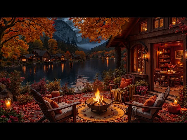 Warm Autumn Ambience on the Lakeside Porch 🍁 Mellow Fireplace Jazz Music for Peaceful Nights