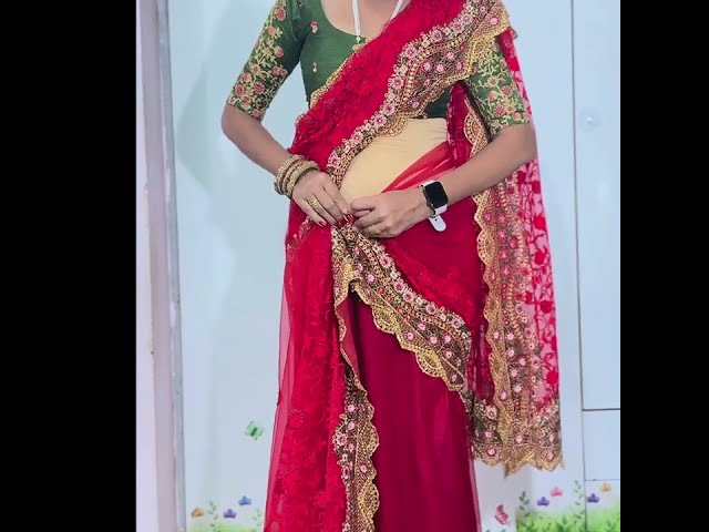 New Unique Bollywood style Saree Draping with Net Saree /Red Net Saree