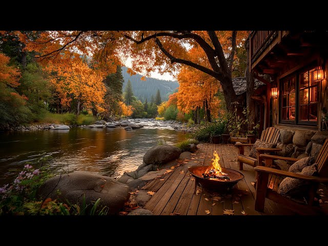 Peaceful Autumn Morning Ambience | River Sound, Nature Birds Singing & Crackling Firepit