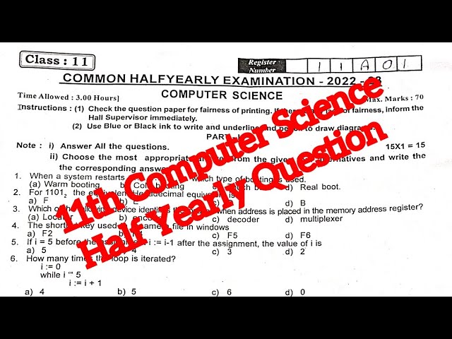 11th Computer Science / Half Yearly Question