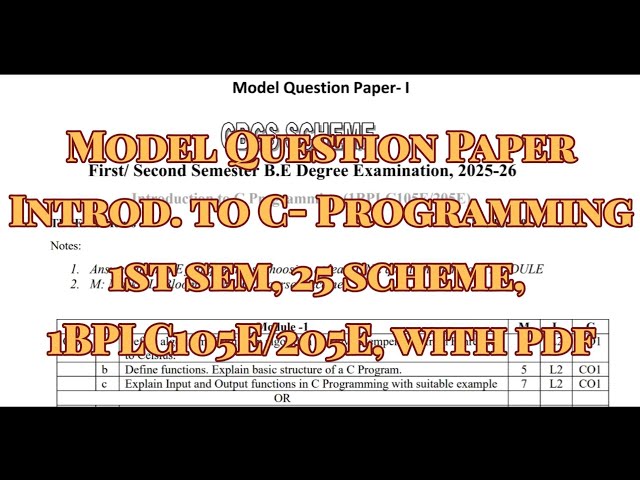 Introduction to C- Programming, Model Question Paper, 1BPLC105E/205E, 25 scheme, with pdf