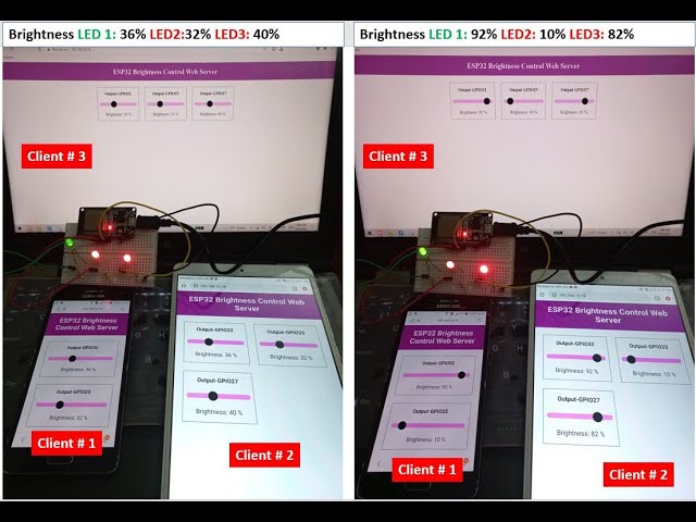 (Demo) ESP32 Multiple Sliders WebSocket Web Server PWM Control LEDs Brightness
