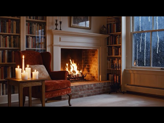 🌙 Cozy Reading Nook on a Rainy Night with Soft Jazz Music, Heavy Rain & Fireplace Sounds 4K HD