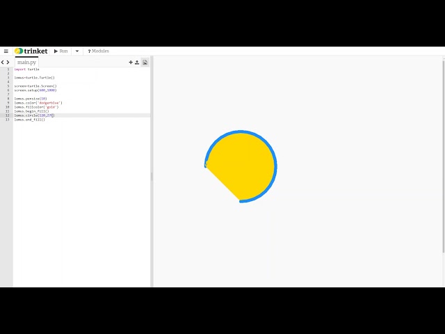 Trinket Python Turtle Lesson: Draw Partially Filled Circles