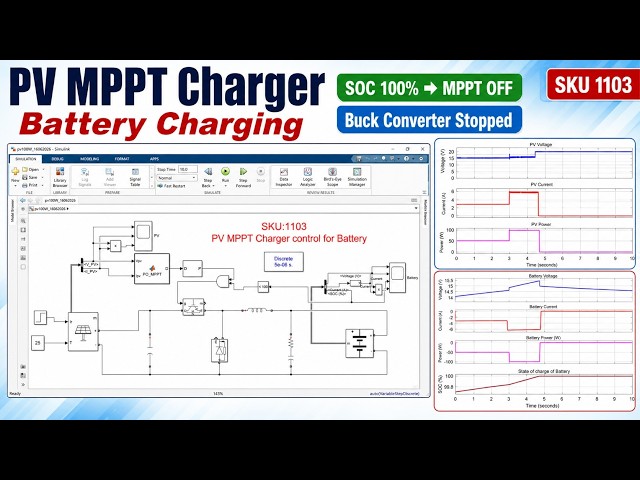 PV MPPT Charger Control for Battery in MATLAB Simulink | SOC 100% Protection | Battery charging