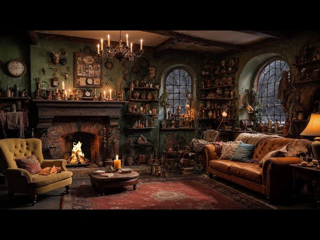 Cozy Wizard Home Fireplace with Blizzard Sounds Outside | Magical Winter Ambience for Study