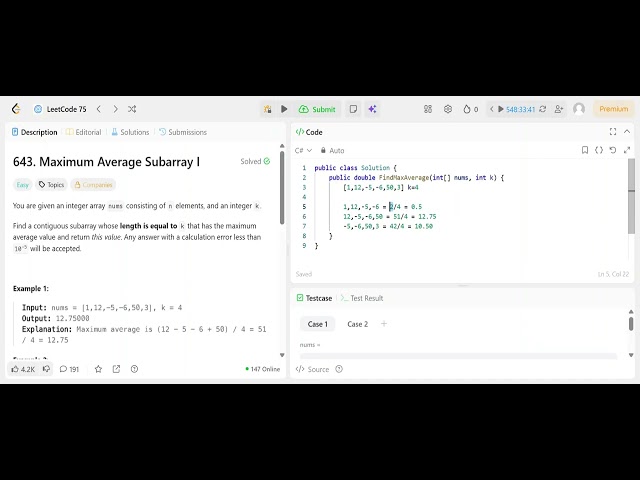 LeetCode Problem 643: Maximum Average Subarray I | Sliding Window C# Solution Explained