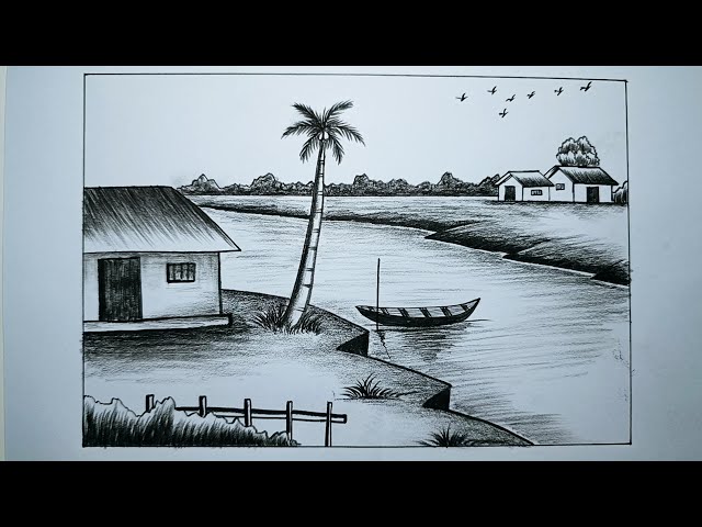 How to Draw a Beautiful Village Scenery | Easy Pencil Scenery Drawing Step by Step |