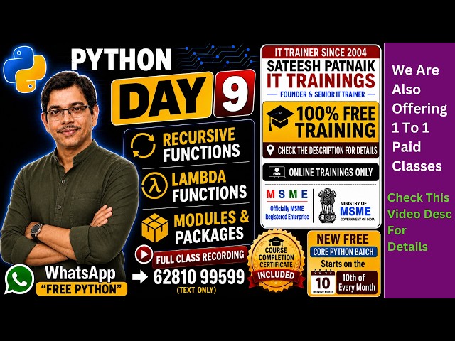 🚀 Python Day 9 | Recursive Functions, Lambda Functions & Modules Explained By Sateesh Patnaik