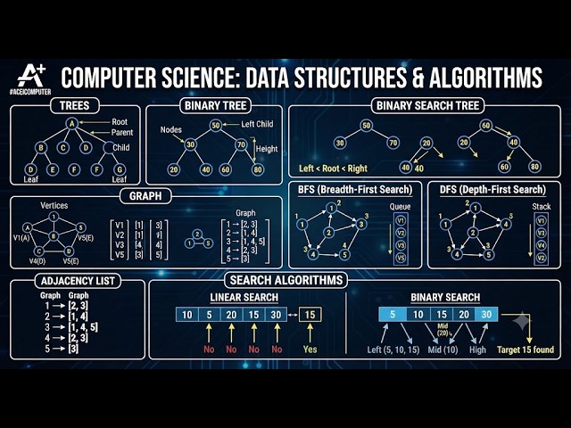 #aceicomputer dsa trees binarytree binarysearch graph adjacency list dfs bfs linear vs binary search