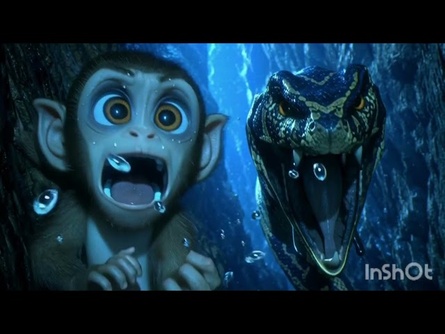 A magic monkey fighting to save her little baby from a big phyton inside the big ocean 